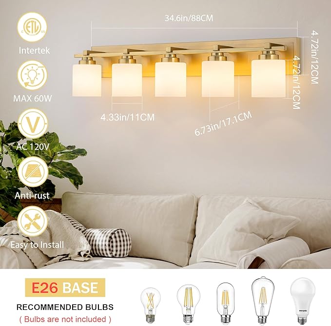 5 Light Modern Bathroom Light Fixtures Over Mirror, Brass Finish Vanity Lights for Bathroom Wall Sconces with Milky White Glass Shades, E26 Socket (Bulbs Not Included)