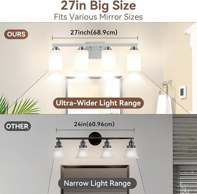 4-Light Bathroom Light Fixtures, 27" Modern Vanity Lights Over Mirror with Milky White Glass Shade, Brushed Nickel Wall Sconce, Classic Wall Light Fixture for Mirror Living Room Cabinet Bedroom Porch
