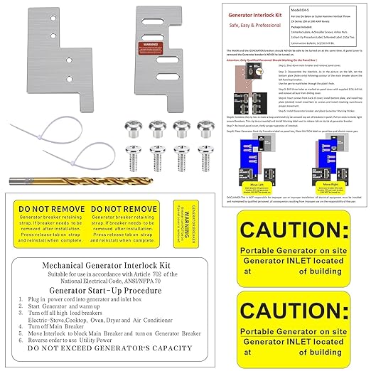 Generator Interlock Kit Compatible with Eaton Cutler Hammer Vertical Throw CH Series 150 or 200 Amp Panels, 2 1/4" Spacing Between Main and Generator Breaker, Interlock Breaker Kit.