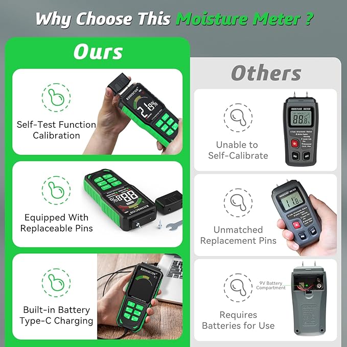 Rechargeable Moisture Meter for Wood, Walls & Hardwood – Accurate Pin-Type Digital Tester with Large Color Display, Automatic Alarm, Calibration & HOLD Function for DIY & Construction Projects