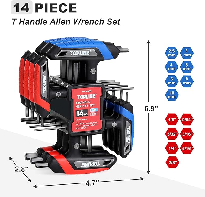 Topline 14-Piece T-Handle Hex Key Set, Metric&SAE, Long Arm Hex Keys, Portable Allen Wrenches Sets with Storage Rack for Basic Home Repair and Mechanics Maintenance