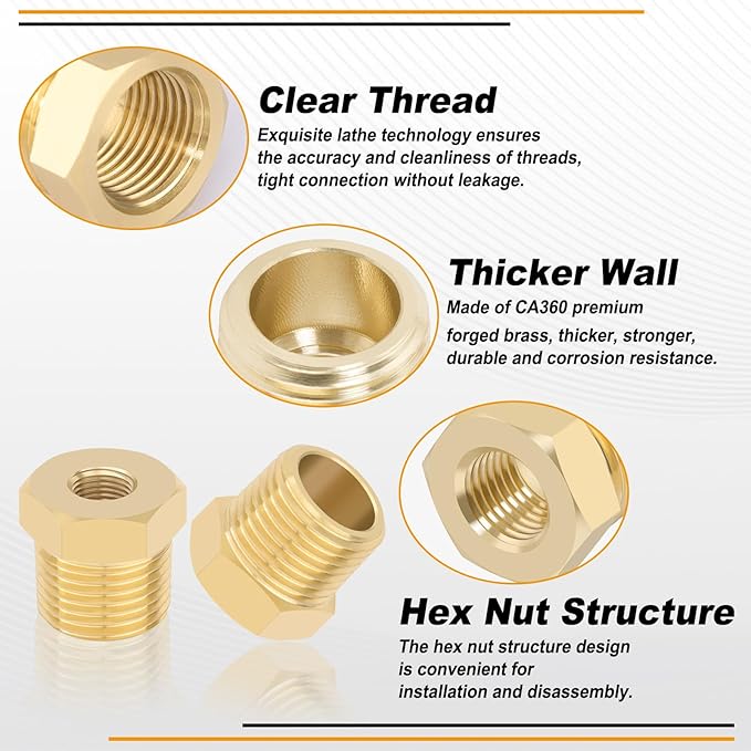 KOOTANS 4pcs Heavy Duty 1/2 NPT Male Thread to 1/8 NPT Female Thread Brass Reducer Hex Bushing Brass Fitting Pipe Hose Tube Adapter Convert