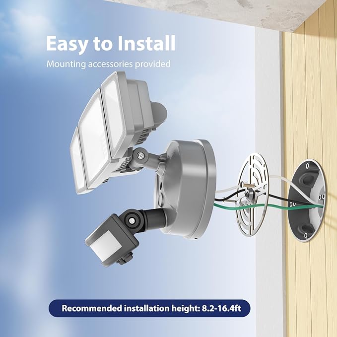 Onforu 65W LED Security Lights Motion Sensor Light Outdoor, 6500LM, 6500K, IP65 Waterproof, Flood Light Outdoor Motion Detector with Adjustable 3 Head, Hardwired Wall Light for Entryway, Yard (Gray)