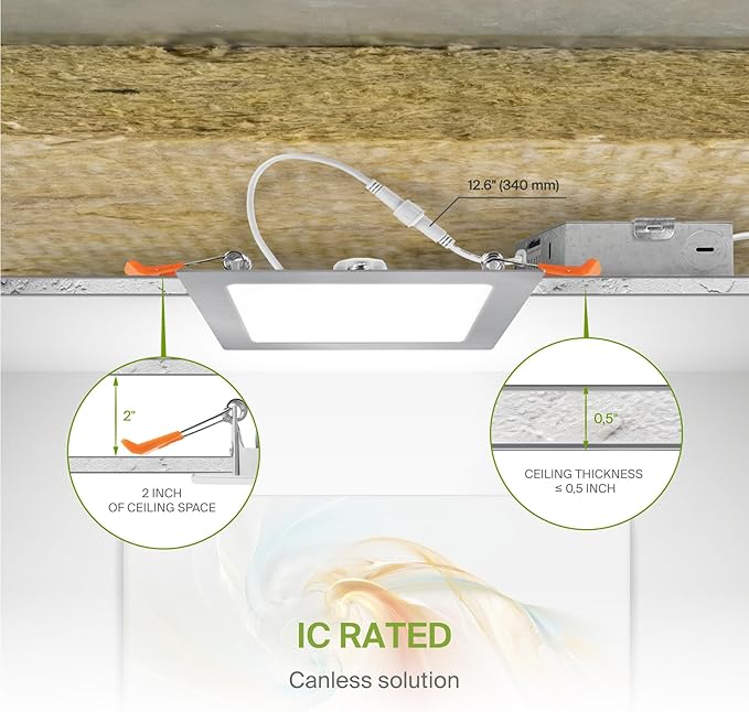 ASD 6 Pack LED Square Recessed Lighting 6 Inch, 5 CCT 2700K-5000K, 15W 60W Eqv, Ultra Thin Dimmable Ceiling Lights with J Box, Canless Wafer Downlight, Slim Panel Light, UL Energy Star, Brushed Nickel