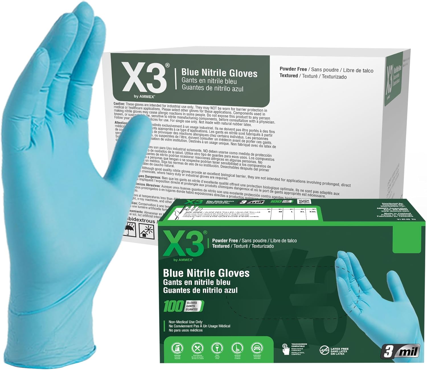 X3 Blue Nitrile Disposable Industrial-Grade Gloves, 3 Mil, Latex & Powder-Free, Food-Safe, Non-Sterile, Lightly Textured