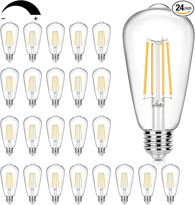 24-Pack Vintage LED Edison Bulbs 60 Watt Equivalent Dimmable 7W ST58 LED Filament Light Bulbs Warm White 3000K Antique Style Lighting High Brightness 800LM E26 Medium Base Clear Glass for Home Office