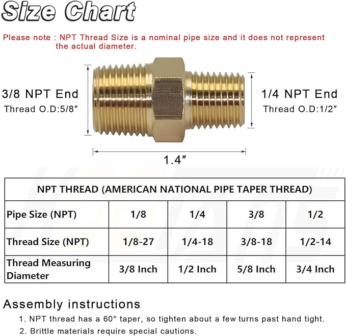 KOOTANS 3/8 NPT x 1/4 NPT Male Solid Brass Hex Nipples, Heavy Brass Pipe Adapter Fittings Reducing Nipples Connectors 4Pieces