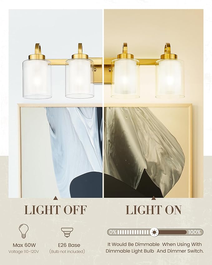 TENGXIN 4-Light Bathroom Vanity Light, Brushed Gold Vanity Light Over Mirror, Modern Wall Light Fixtures with Dual Glass Shade, Wall Lights for Mirror Bedroom Living Room E26 Base