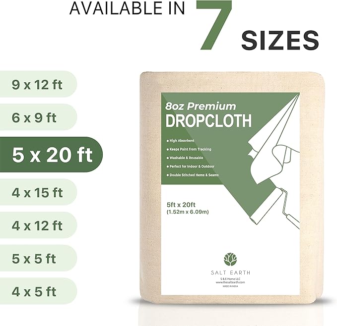Canvas Drop Cloth by Salt Earth, Pack of 1 Reusable Paint Drop Cloth, 100% Recycled Cotton, All Purpose Painters Drop Cloth, Cotton Canvas Tarp Cover for Painter Furniture & Floor Protection (5x20FT)