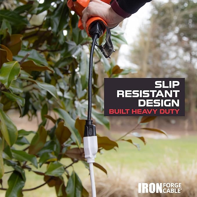 Iron Forge Cable Weatherproof 25 Ft Outdoor Extension Cord - 14/3 SJTW Heavy Duty White Extension Cord 3 Prong - 15 Amp Exterior Power Cable