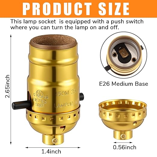 4 Pack UL Listed Lamp Socket with Push On/Off, E26 Threaded Base, Medium Screw Push Socket, Lamp Parts for Floor and Table Lamps, DIY Project, Gold