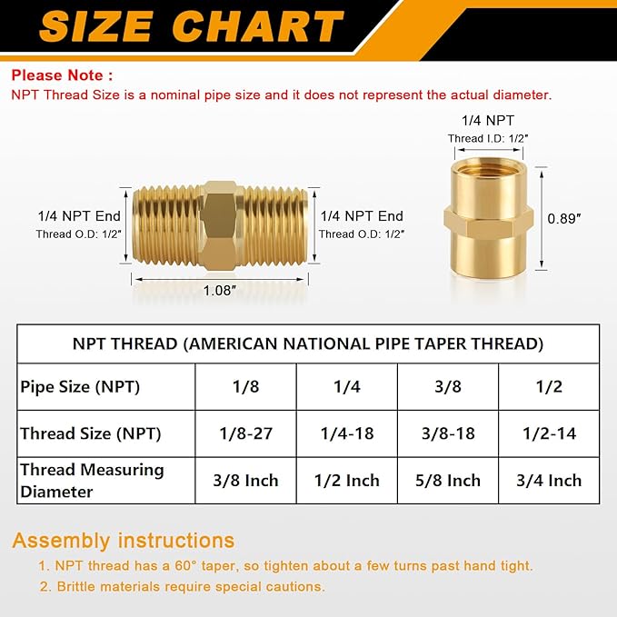 KOOTANS 12pcs Brass Pipe Fitting, NPT Hex Nipple, Coupling, 1/4" x 1/4" NPT Male Pipe, 1/4" x 1/4" NPT Female Pipe Fittings Set (6 Nipple & 6 Coupling)