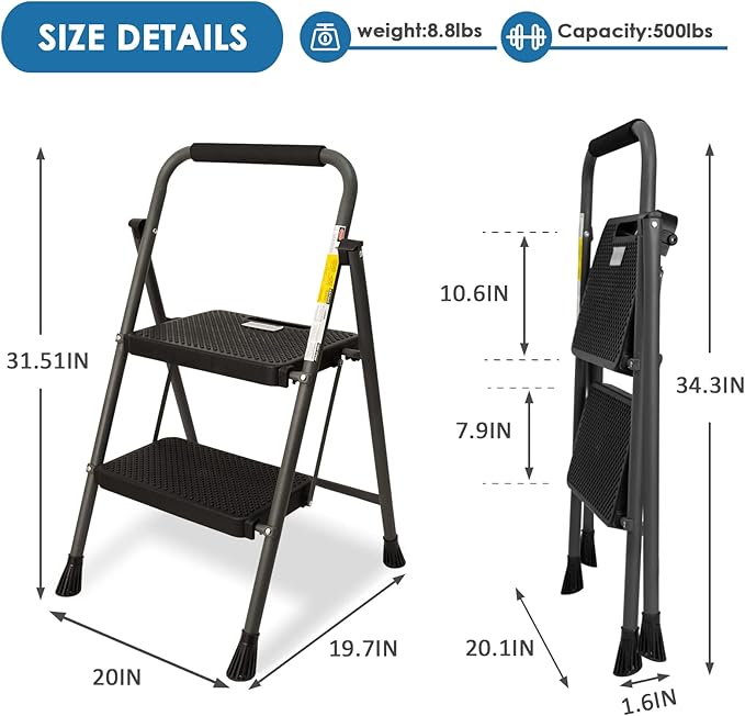 2 Step Ladder, GOLYTON 2 Lightweight Folding Step Stool with Wide Anti-Slip Pedal and Comfort Handgrip, Lightweight 500 lbs Portable Steel Ladder Multi-Use Household and Office, Grey