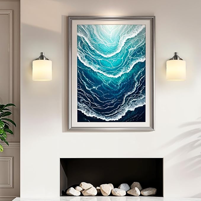 Brushed Nickel Milk Glass Wall Sconces, 1 Pack Hardwired Indoor Wall Light Fixtures for Living Room, Hallway, Bedroom, Ceramic E26 Sockets (Bulbs Not Included)