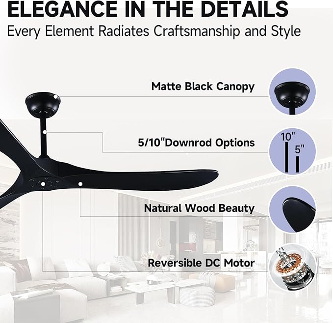 60" Black Ceiling Fan with Remote Control, Quiet Ceiling Fan without Lights for Indoor/Outdoor - Modern Design, Powerful Airflow, Silent Operation