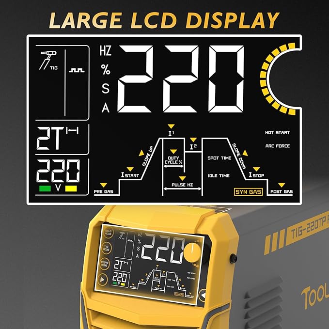 TOOLIOM 220A Cold TIG Welder with DC Pulse, 7 In 1 Cold Spot Lift TIG/Stick Welder with IGBT Inverter, 110&220V Welding Machine with Large Digital Display 2T/4T/4T PRT Mode TIG Welding Equipment