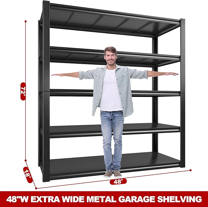 REIBII 48" W Garage Shelving 2500LBS Storage Shelves Adjustable Metal Shelving Heavy Duty Garage Shelves for Warehouse Pantry Basement 48" W x 72" H x 18" D, 2 Pack