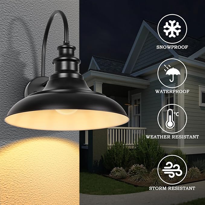 Outdoor Barn Light Fixture, 12.3 Inch Large Dome Farmhouse Exterior Wall Mount Light, Gooseneck Wall Sconce Indoor Wall Lighting Fixture, Industrial Black White Finish Lantern for Porch, RZ004 BK+WH