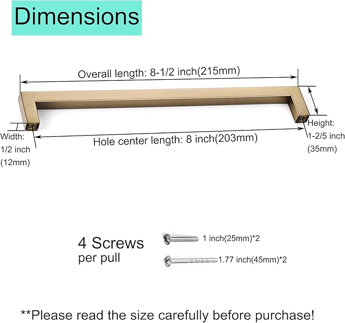 10 Pack 8 Inch Hole Center Champagne Cabinet Pulls Stainless Steel Square Drawer Handles for Bathroom Cupboard Pulls Modern Kitchen Cabinet Hardware