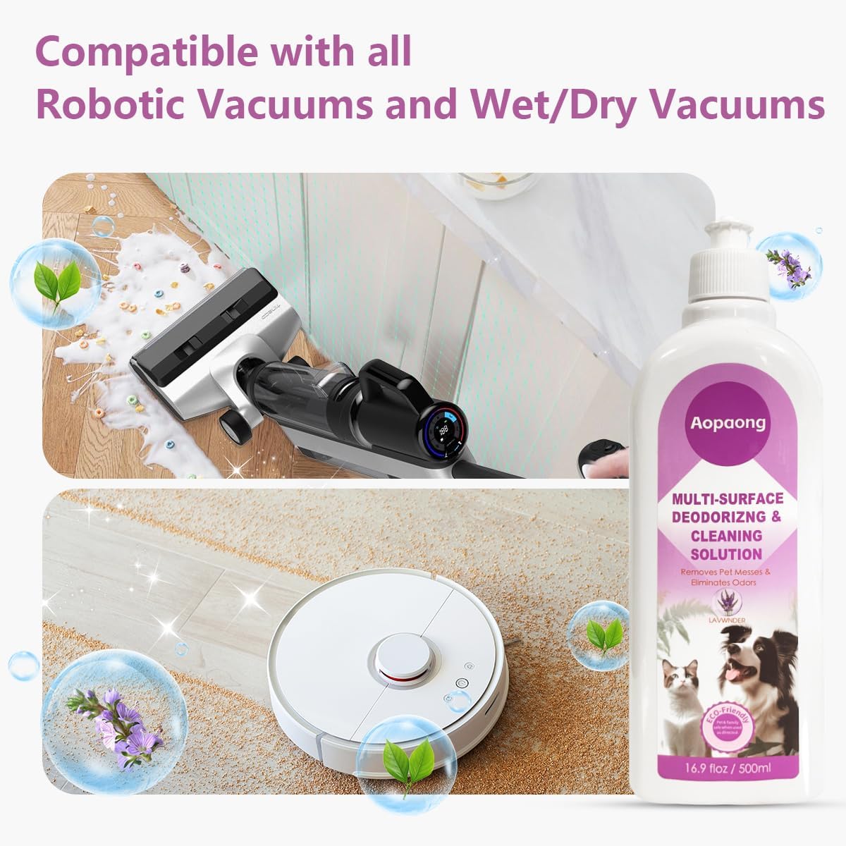 Multi-Surface Floor Cleaning Solution Lavender Scent Household Floor Cleaner Care for All Robot Vacuums with Mopping and Cordless Wet/Dry Vacuums (16.9Fl Oz/500ML)