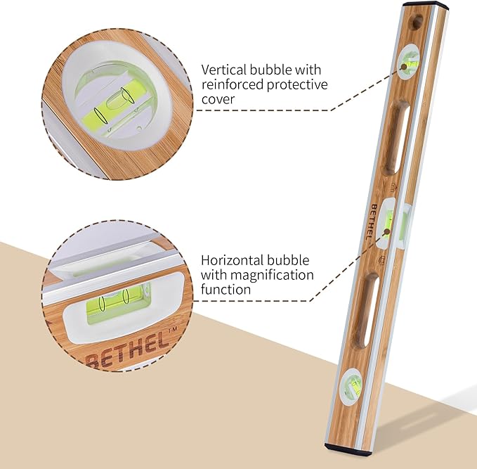 BETHEL 24-inch Bamboo Level, Mortar Adhesion Resistant Light Level, with Double Curved Acrylic Leveling Tubes for Masonry Applications and General Leveling