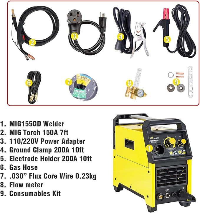 Weldpro 155A MIG Welder, 110V/220V Flux Core MIG Welder/MMA/Spool Gun/Stick 4 in 1 Welding Machine with Synergy, IGBT Inverter Portable Gasless Welder Equipment, Aluminum Spool Gun Compatible