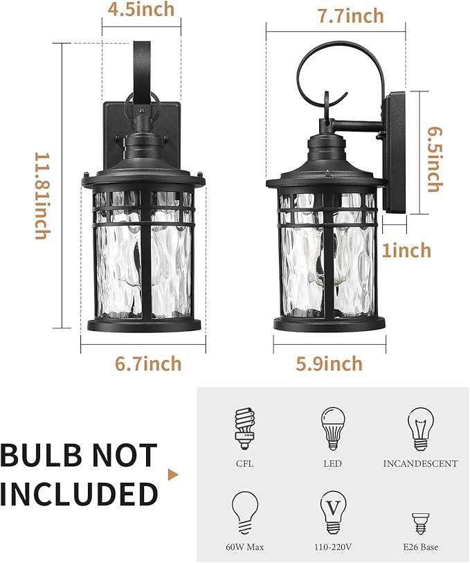 Darkaway Outdoor Wall Lights,2pcs Exterior Lighting Fixtures Wall Mount Porch Lights Waterproof Outdoor Sconce with Water Ripple Glass for House Patio Hallway Garage
