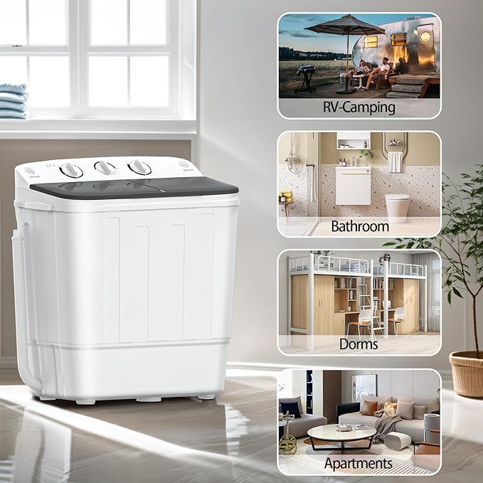 Portable Mini Twin Tub 18Lbs Washing Machine with Drying Rack & 10 Hangers, Washer(11Lbs) and Spinner(7Lbs) Combo with Timer Knob, Compact Semi-automatic Laundry Washer for Home Dorm Apartment, Black