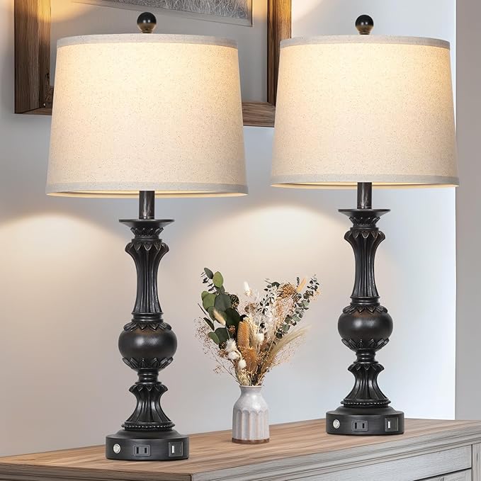28" Farmhouse Table Lamps Set of 2, Retro Lamps for Living Room with USB C+A Ports & AC Outlet, 3 Way Touch Control Resin Bedside Lamp, Rustic Bedroom Lamp for Nightstand Side End Table Desk, Black