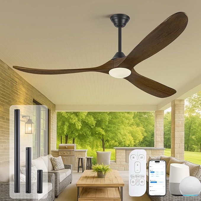 60" Outdoor Ceiling Fan with Light, Rustic Wifi Smart Ceiling Fan with Remote/APP/Alexa Control, 3 Wood Blade Propeller DC Ceiling Fans for Indoor Exterior Patios Porch Garage, Quiet Energy Efficient