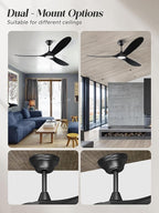 60 inch Outdoor Ceiling Fan for Patios with Light, Black Ceiling Fan with Light, Large Airflow 3 Reversible Solid Wood Blades, DC Motor, Damp Rated Ceiling Fans for Famhouse Exterior Porch