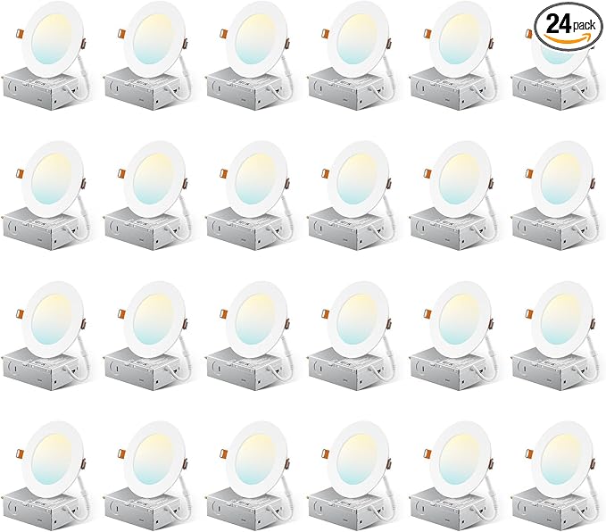 Amico 24 Pack 4 Inch 5CCT Ultra-Thin LED Recessed Ceiling Light with Junction Box, 2700K/3000K/3500K/4000K/5000K Selectable, 800 Lumens, Dimmable Canless Wafer Downlight, 10W Eqv 60W-ETL&FCC