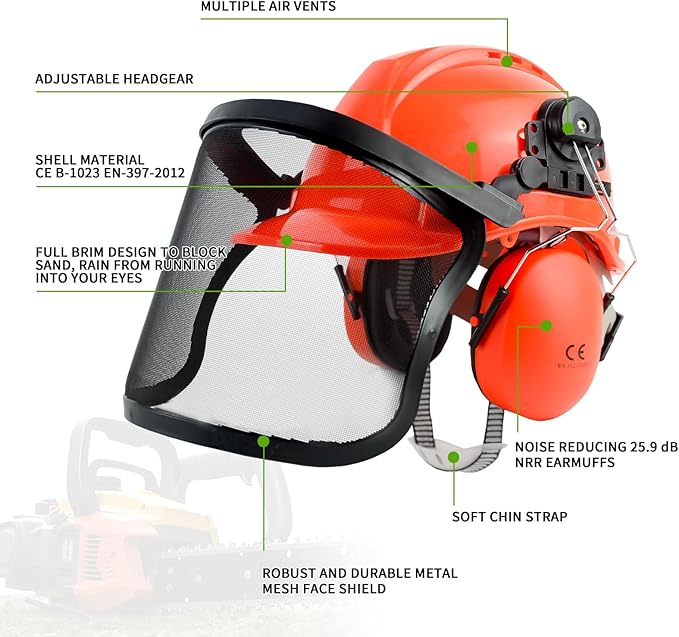 Chainsaw Helmet with Face and Ear Muffs, Forestry Safety Helmet for Mowing, Trimming, Yard Work, Landscaping, Construction and Weed Whacking