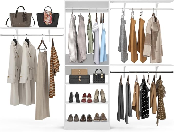 Armocity 96'' Closet System, 8FT Walk In Closet Organizer with 3 Shelving Towers, Heavy Duty Bedroom Wardrobe with 5 Shelves, Wall Mounted Clothes Rack (Can Be Cut To Fit), 96"L x 16"W x 75"H, White