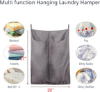 100% Pure Linen Dual Hanging Laundry Bag with 2 Deep Pocket and 2 Side Zipper 20x27in, Over The Door Laundry Hamper Space Saving Hampers for Dirty Clothes Home Travel, Grey
