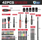 42Pcs Tools Set Packaged with Heavy-duty Tool Box, Include Screwdriver Bits, Bit Holder, Sockets, Socket Adapter, Step Drill, Socket Driver and Ratchets Screwdriver for Home Repairs