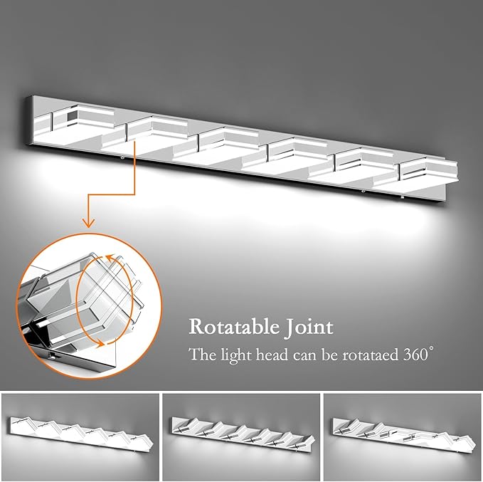 Ralbay 48inch Chrome Vanity Light for Bathroom with 5 Color Temperatures (3000K-6000K) Dimmable Stainless Steel Acrylic LED Modern Chrome Bathroom Light Fixtures (6-Light)