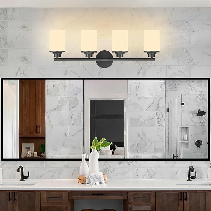Modern Bathroom Vanity Light Fixture, 4-Light Sconces with Frosted Glass, Matte Black