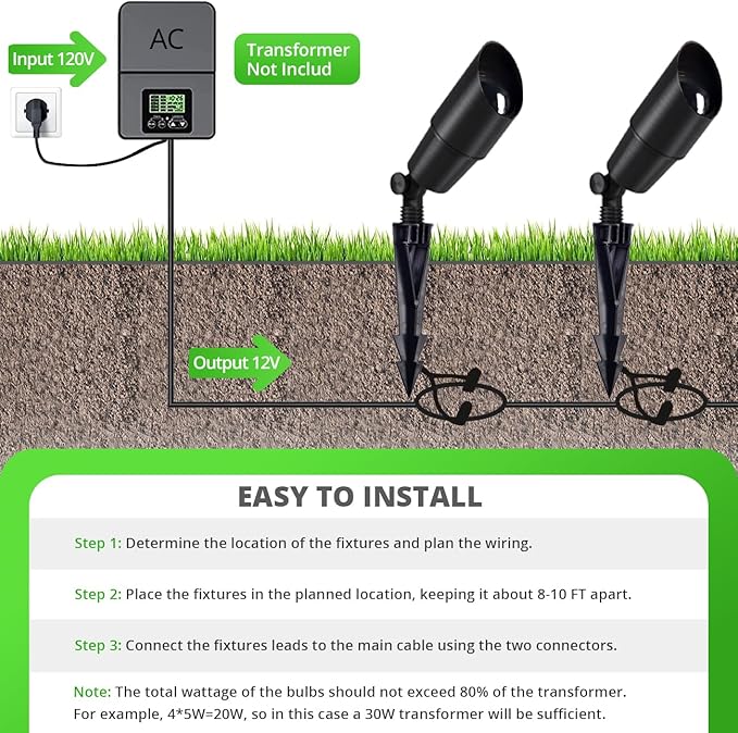 wowlite Matte Black Aluminum Outdoor Spot Lights with 4 Light Bulbs, 5W 2700K Warmlight 12V Low Voltage Landscape Lighting Fixture, IP65 Waterproof LED Uplights for Garden Courtyard Pathway, 4 Pack