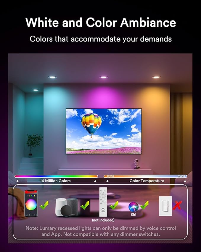 Lumary 3 Inch Smart LED Recessed Light, Color Changing Wafer WiFi Ceiling Downlight, Canless w/J-Box, Compatible with Alexa/Google/Remote-Not Included, 7W 350Lm, 4 Pack