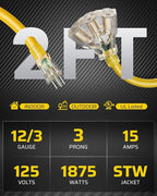 DEWENWILS 2 FT 12/3 Gauge Indoor/Outdoor Tri-Tap Extension Cord Splitter, SJTW 15 Amp Yellow Outer Jacket Contractor Grade Heavy Duty Power Cable with LED Lighted Plug, ETL Listed, Pack of 3