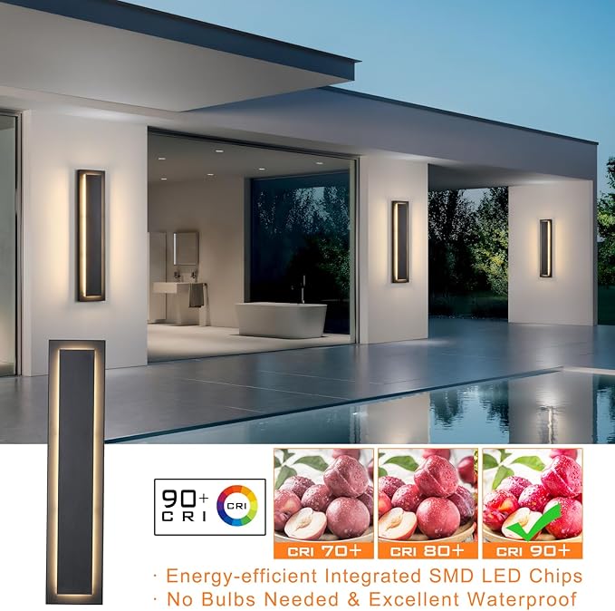 tewei 2 Pack Modern LED Outdoor Wall Lights, Black Exterior Wall Sconce & Indoor Wall Sconce Lighting Fixtures, 15.7'' Large Front Door Lights for Entrance, Hallway, 360° Beam Angle, Warm White 3000K