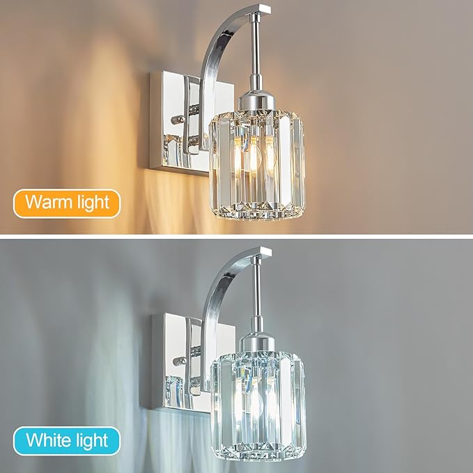 Wall Sconces, Set of 2 Chrome Crystal Vanity Lights, Modern Wall Lamp for Bathroom, Hallway, and Makeup, Easy Installation