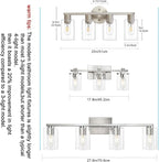 4 Light Bathroom Vanity Light, Brushed Nickel 4-Light Bathroom Light Fixtures, Vanity Lights for Make-Up Mirror, Modern Lighting Fixtures with Clear Glass Shade for Bedroom Living Room