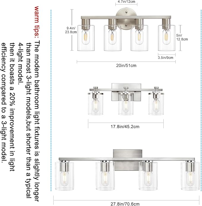 4 Light Bathroom Vanity Light, Brushed Nickel 4-Light Bathroom Light Fixtures, Vanity Lights for Make-Up Mirror, Modern Lighting Fixtures with Clear Glass Shade for Bedroom Living Room