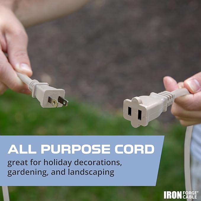 Iron Forge Cable 2 Prong Extension Cord 10 ft - 16 Gauge 13 Amp Heavy Duty Outdoor 2 Prong Power Cord - SJTW - Great for Landscaping, Deck, Outdoor Lights - Tan