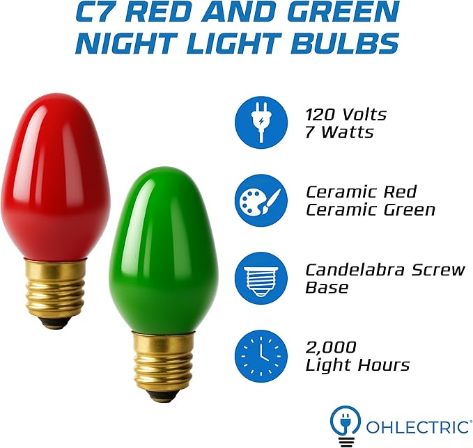 OHLECTRIC Night Light Bulbs (8 Pack – 4 Green & 4 Red), 7 Watt Mini Bulbs – E12 Candelabra Base, Non-Dimmable, 120V – C7 Night Light Lamp Replacement Bulb for Salt Lamps, Window Candles, Holiday Decor