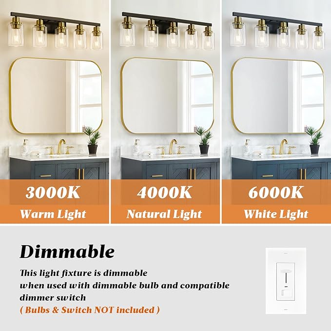 5-Light Black and Gold Bathroom Vanity Light, 30" Modern Vanity Lighting Fixture, Bathroom Light Fixtures, Wall Sconces with Clear Glass Shade, Black Bathroom Wall Light Over Mirror