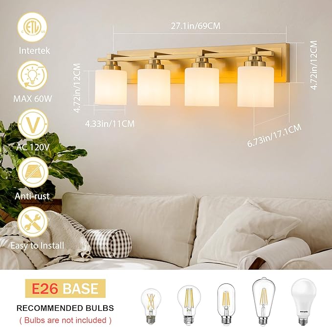 4 Light Modern Bathroom Light Fixtures Over Mirror, Brass Finish Vanity Lights for Bathroom Wall Sconces with Milky White Glass Shades, E26 Socket (Bulbs Not Included)