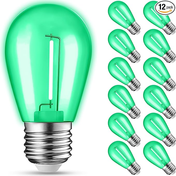 12-Pack Green String Light Bulbs, Patio String Light Replacement Bulbs for Outdoor Indoor, 1W E26 Base S14 LED Colored Light Bulbs for Christmas Halloween,Holiday,Home Decor